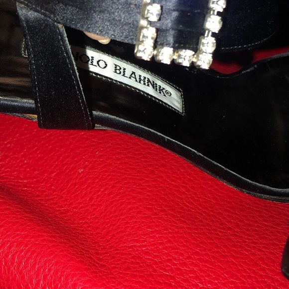 Manila Bkanik  size 10 black satin heels ankle strap with rhinestones 3” heel - Picture 10 of 15